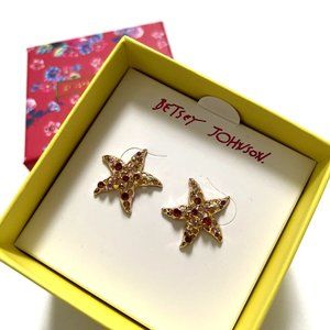 Betsey Johnson Gold Starfish Stud Earrings Rhinestone Ocean NIB 1/2"